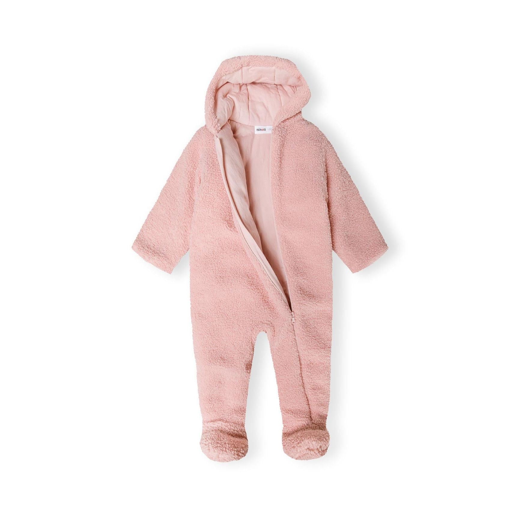 Light pink sherpa snowsuit partially unzipped showing soft interior lining, displayed flat against white background with Minoti label visible