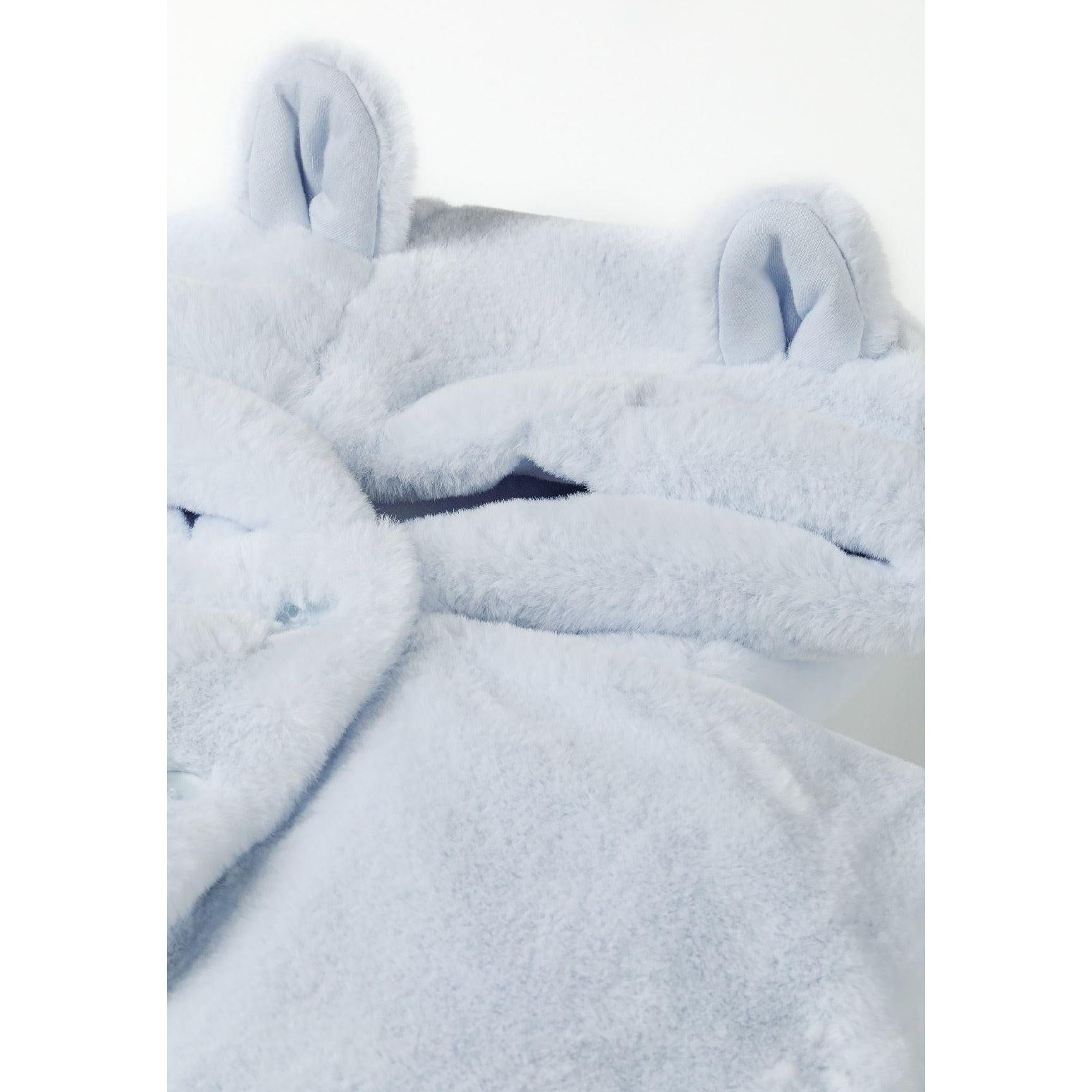 Close-up detail of light blue plush faux fur jacket showing soft fluffy texture and 3D ear construction on hood