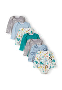 Boys long sleeve bodysuits pack with prints light blue 0-24m featuring varied patterns on a light blue base. A cozy essential for infants.