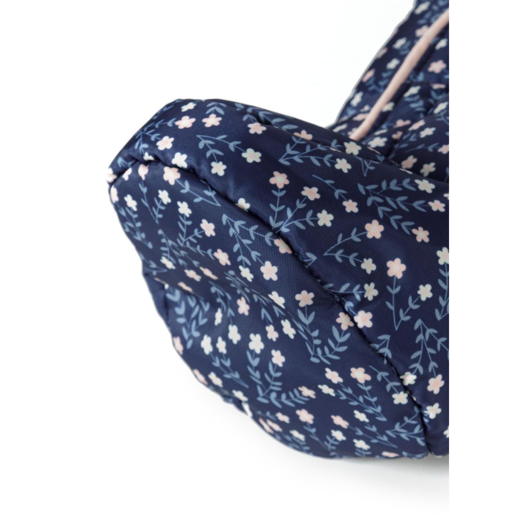 Close-up detail of navy fabric showing delicate floral pattern with small white and blue flowers and leaf motifs