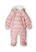 Girls baby snowsuit in light pink, front view with hood and double zip.