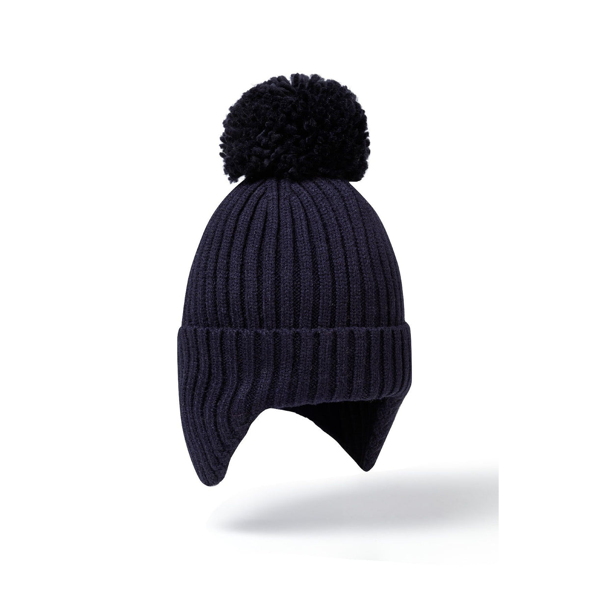 Kids' bobble hat with ear flaps in navy — complete product view for square Shop card