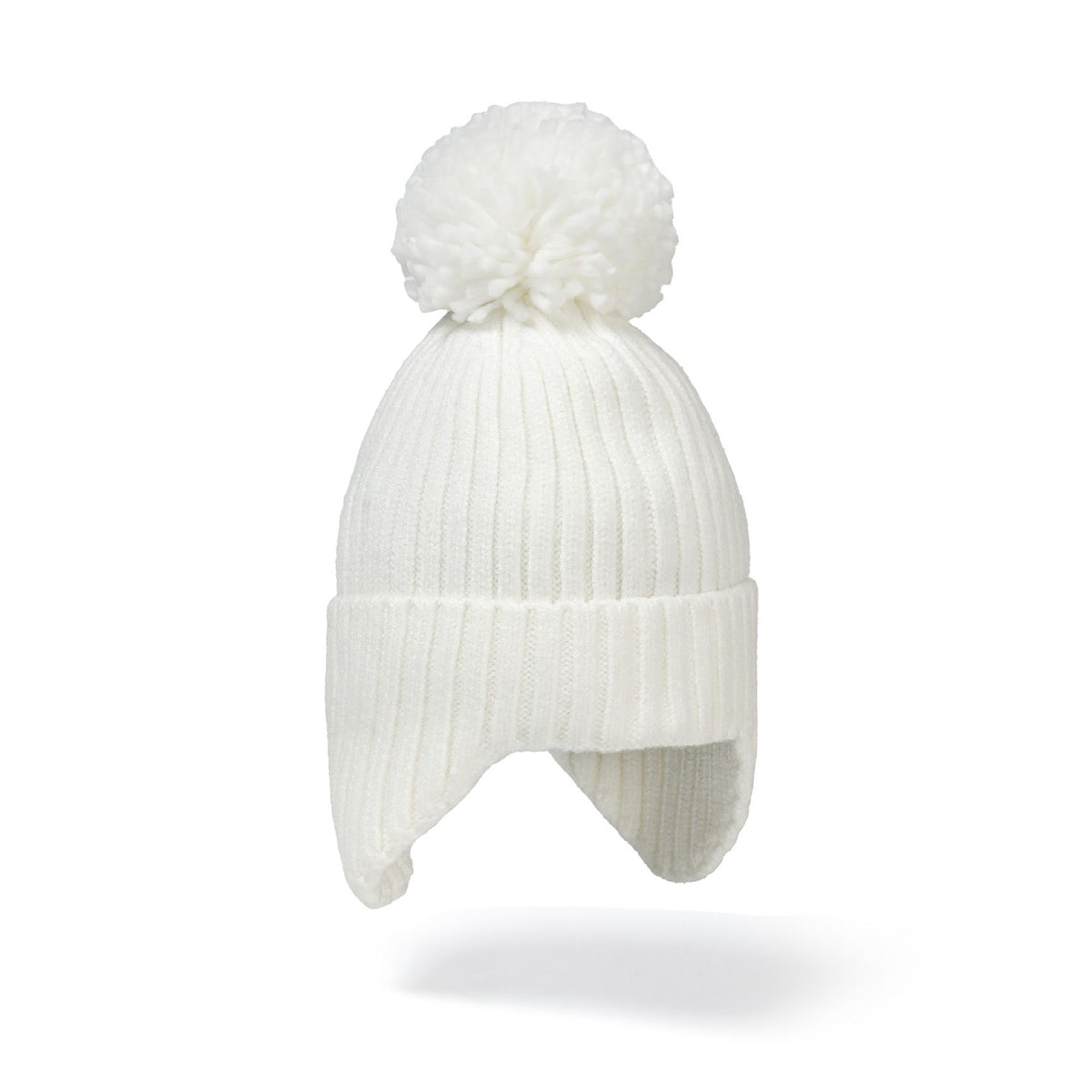 Kids' bobble hat with ear flaps in cream — complete product view for square Shop card