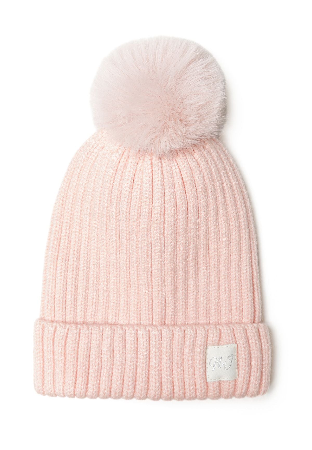 Light pink ribbed bobble hat, front.