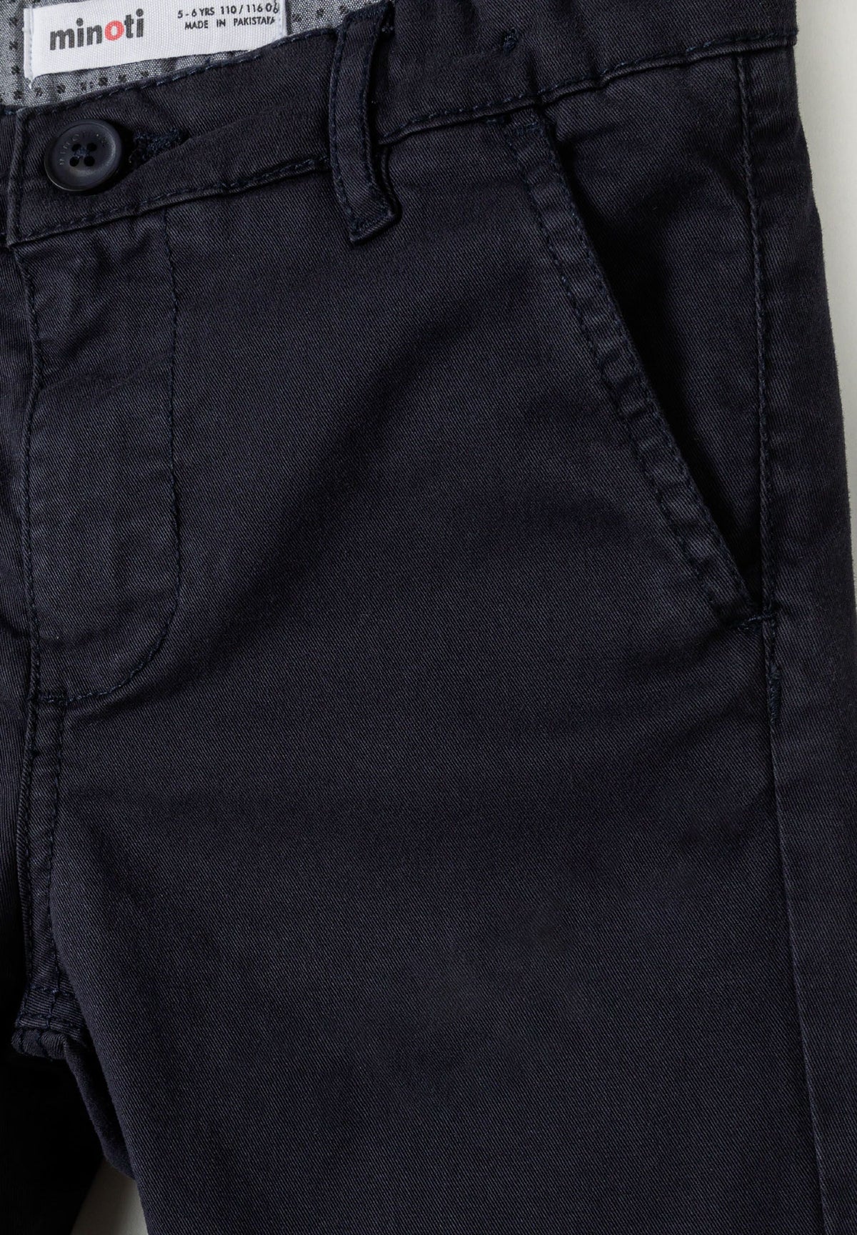 Navy chinos, waist button, belt loop and side pocket.