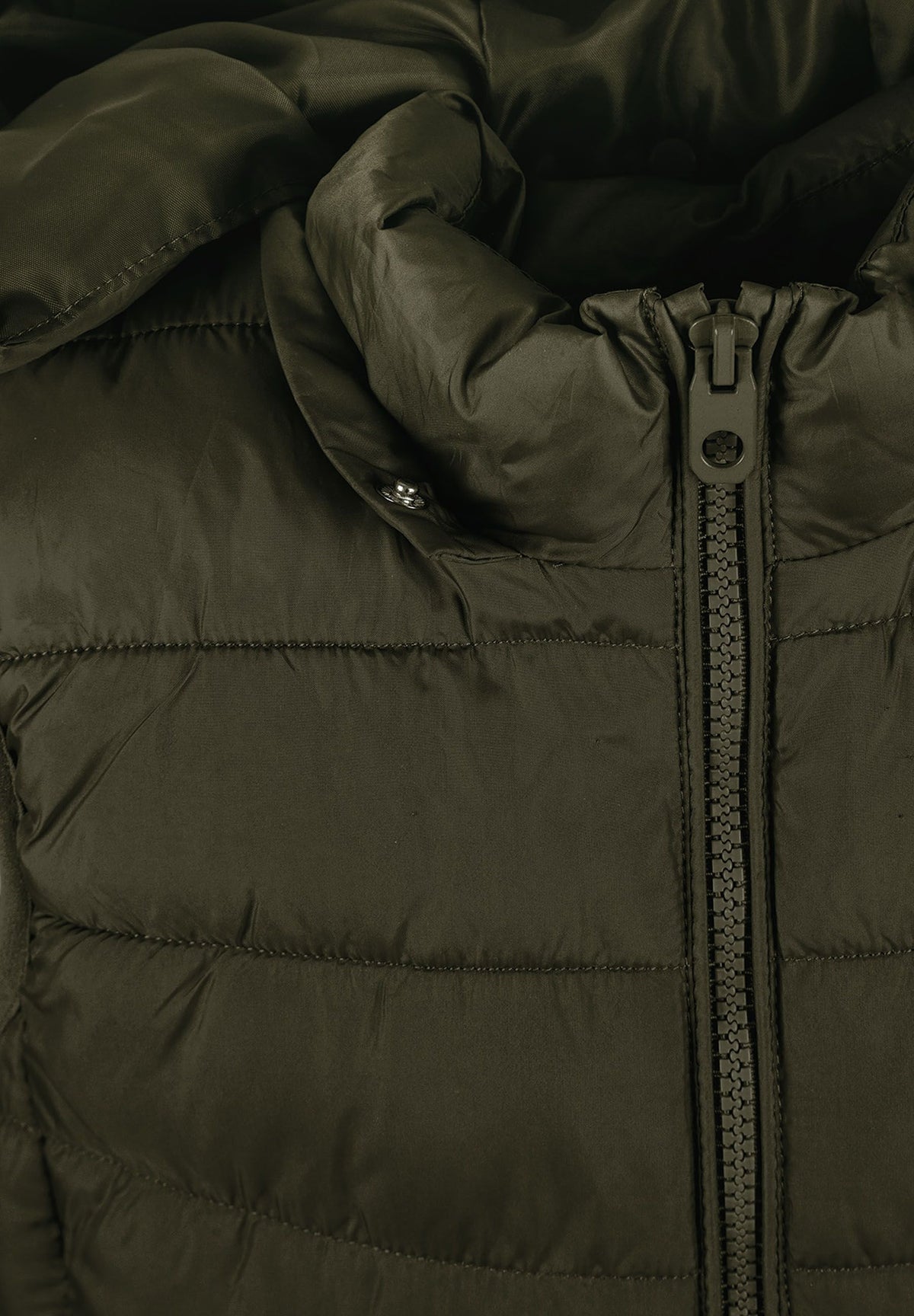 Olive green padded gilet, hood attachment detail.