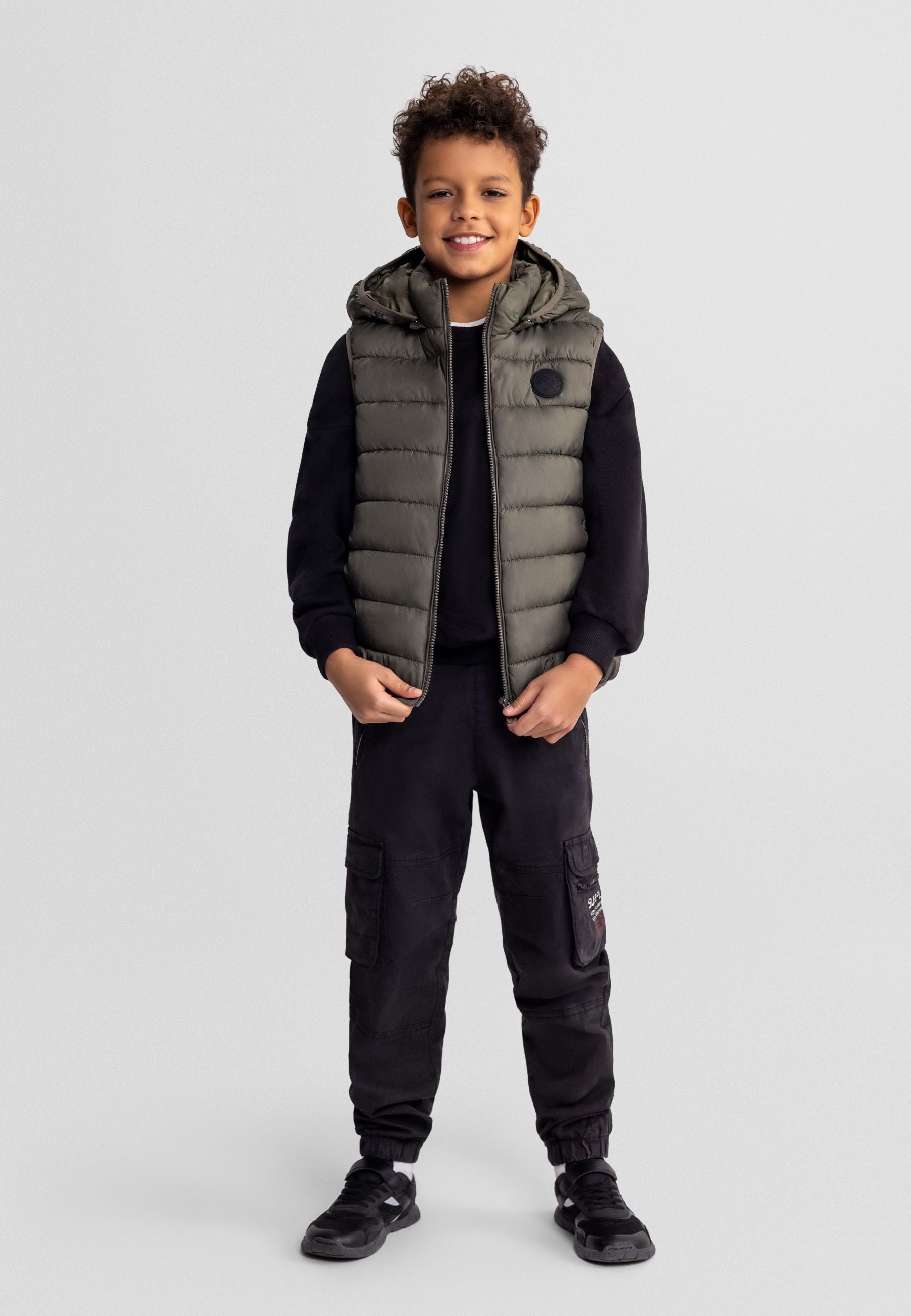 Padded Gilet, Detachable Hood, Khaki - 1