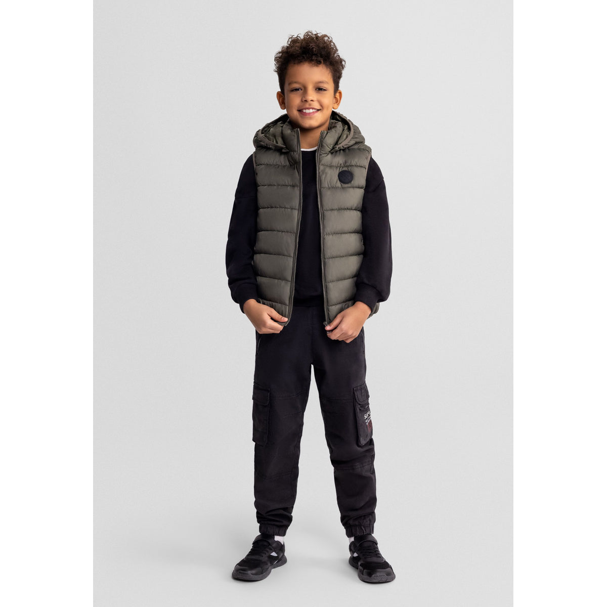Boys' padded gilet in olive green — complete product view for square Shop card