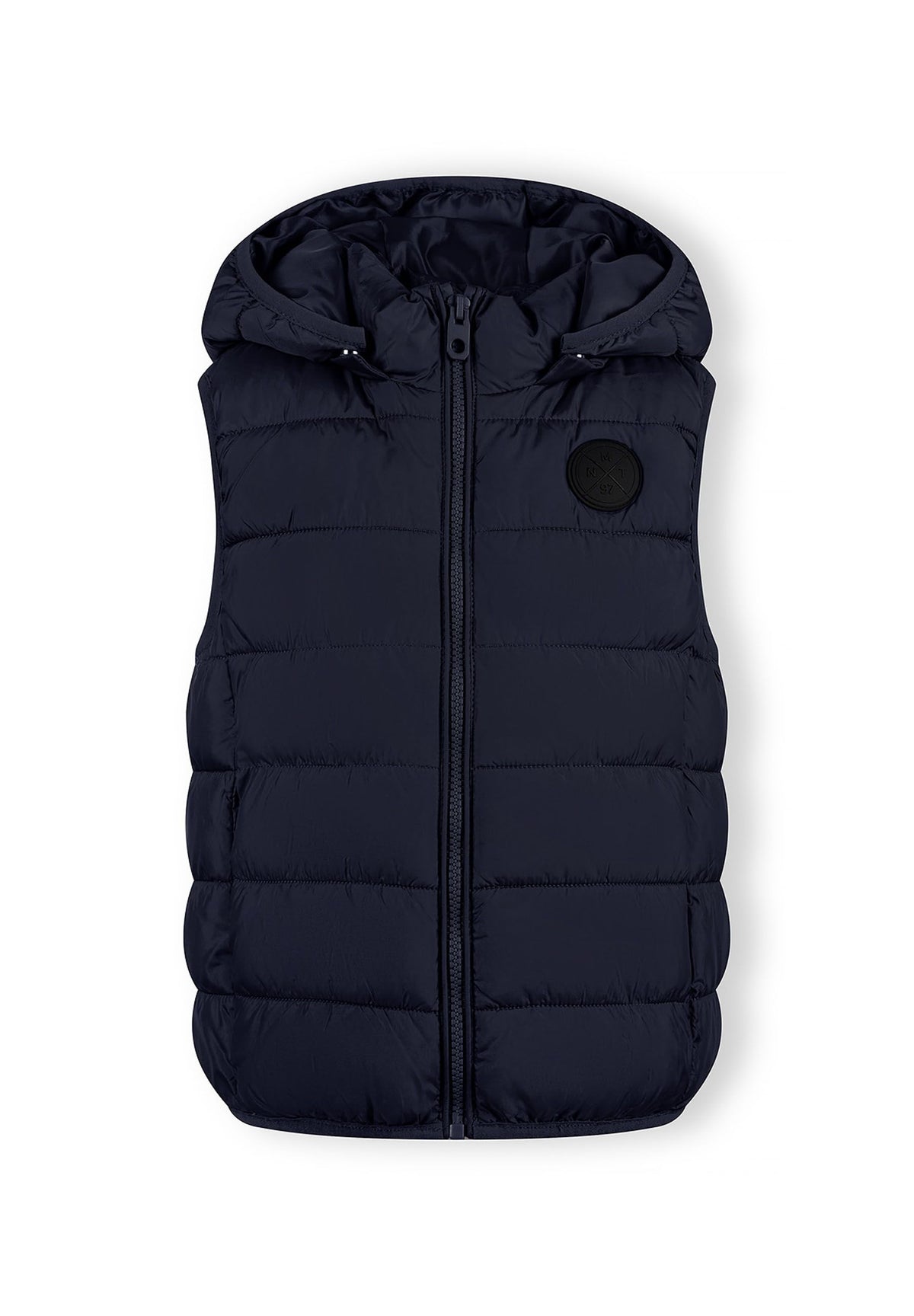 Navy padded gilet, front.