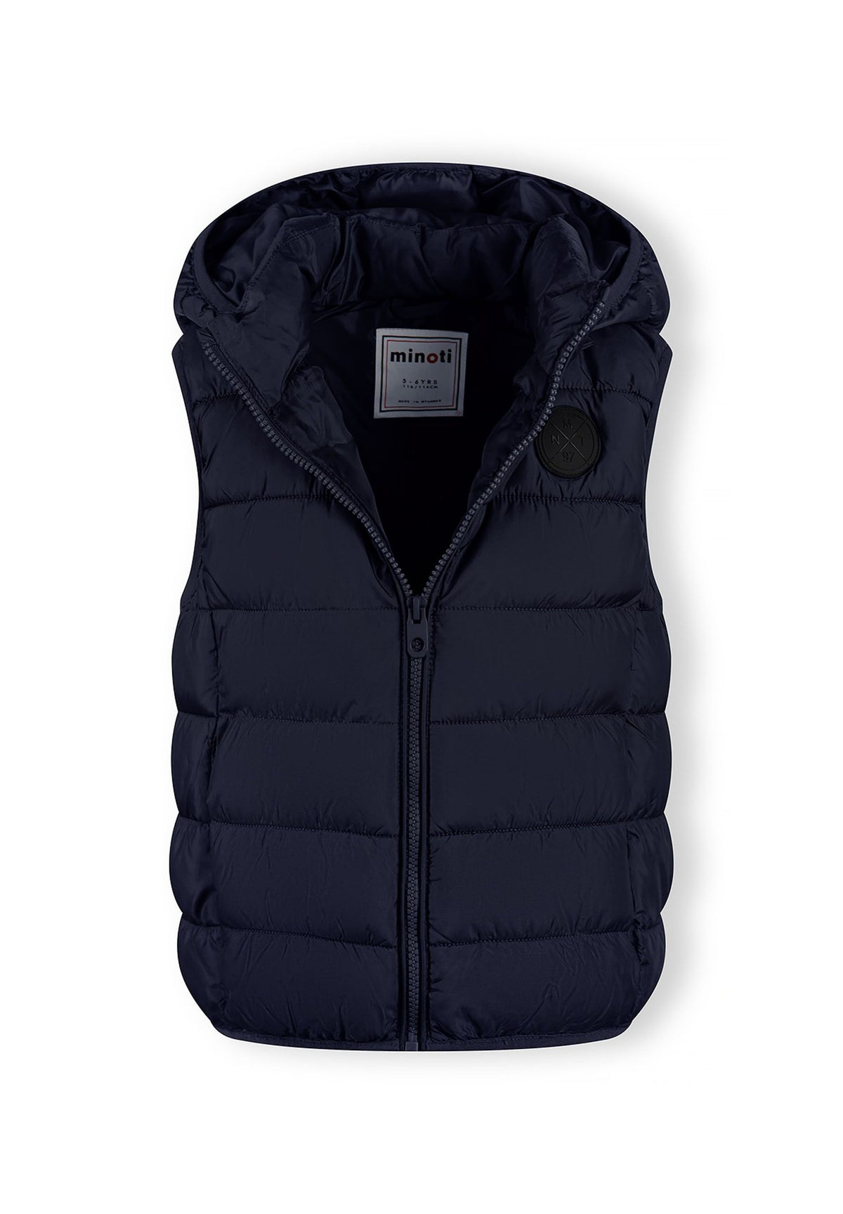 Navy padded gilet, open front.