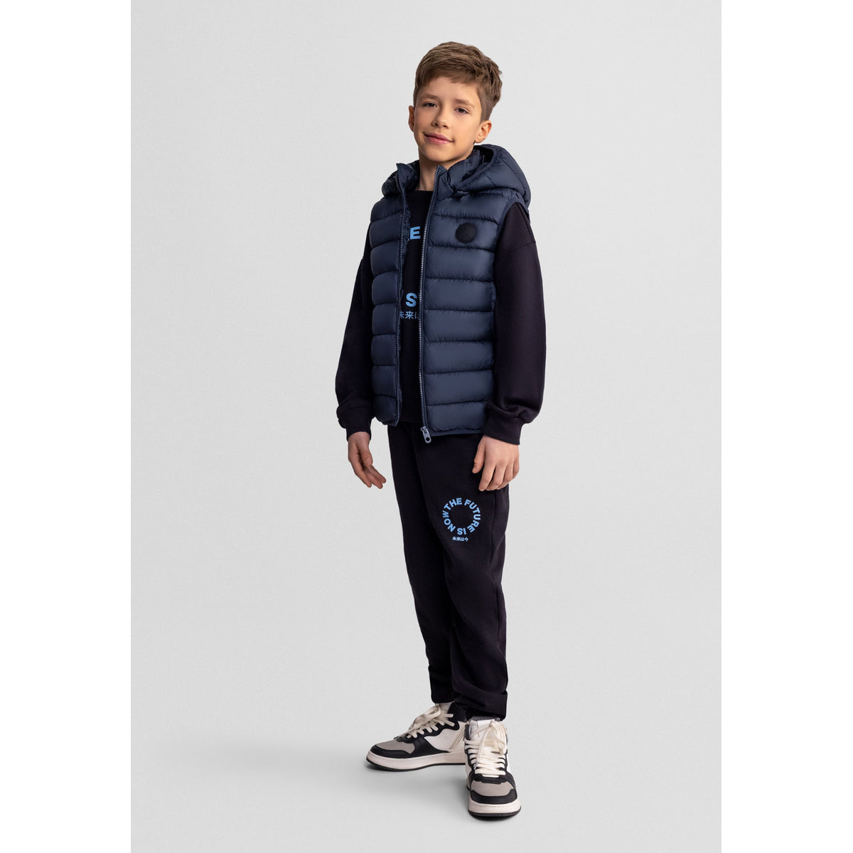 Boys' padded gilet in navy — complete product view for square Shop card