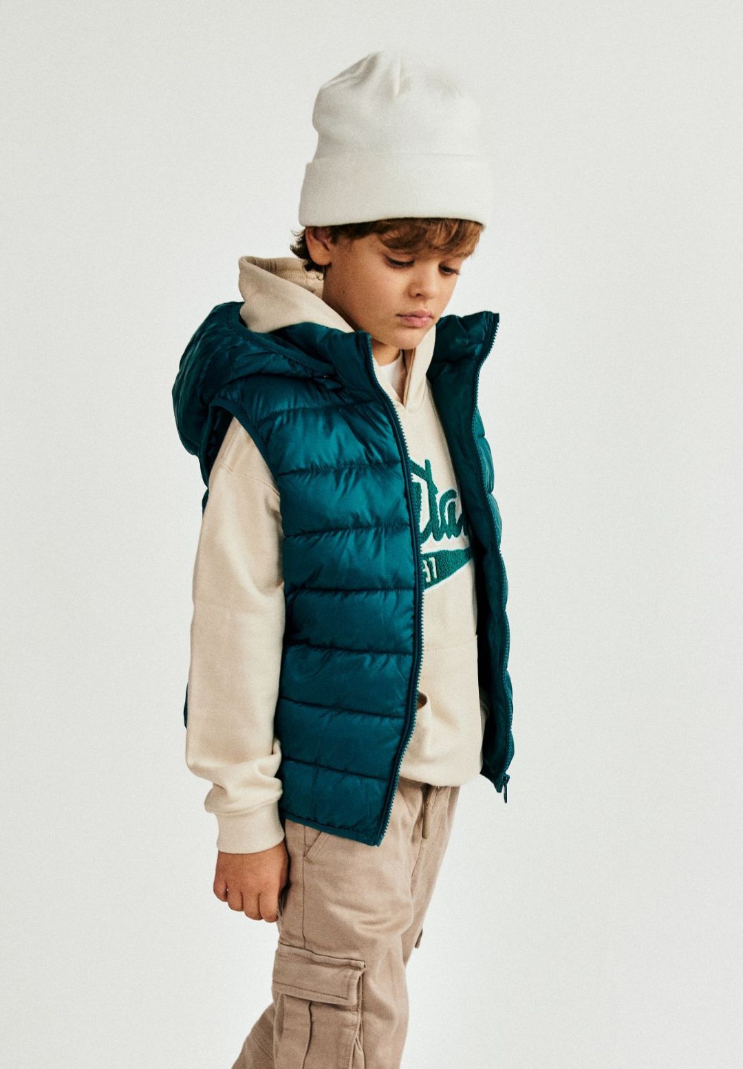 Quilted Padded Gilet, Teal, Detachable Hood - 1
