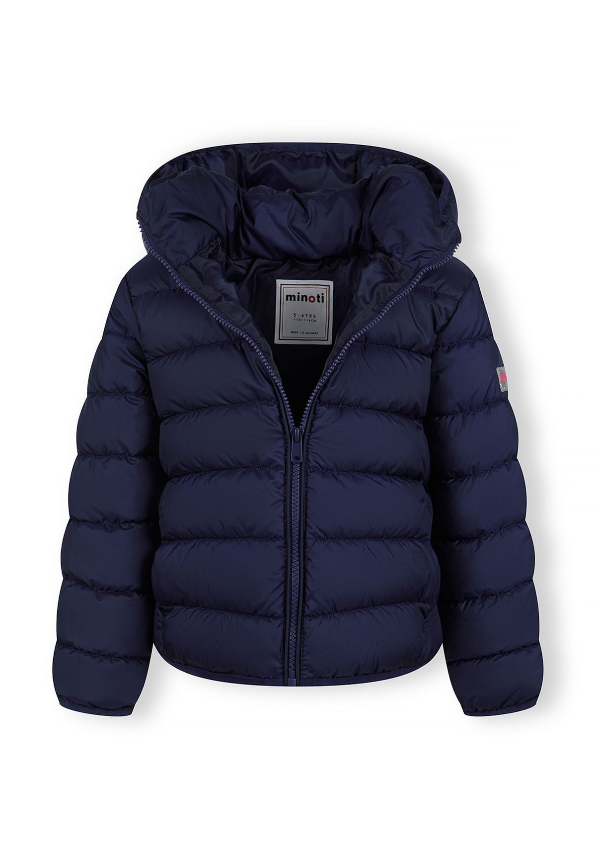 The navy puffer jacket shown open to reveal the inside.