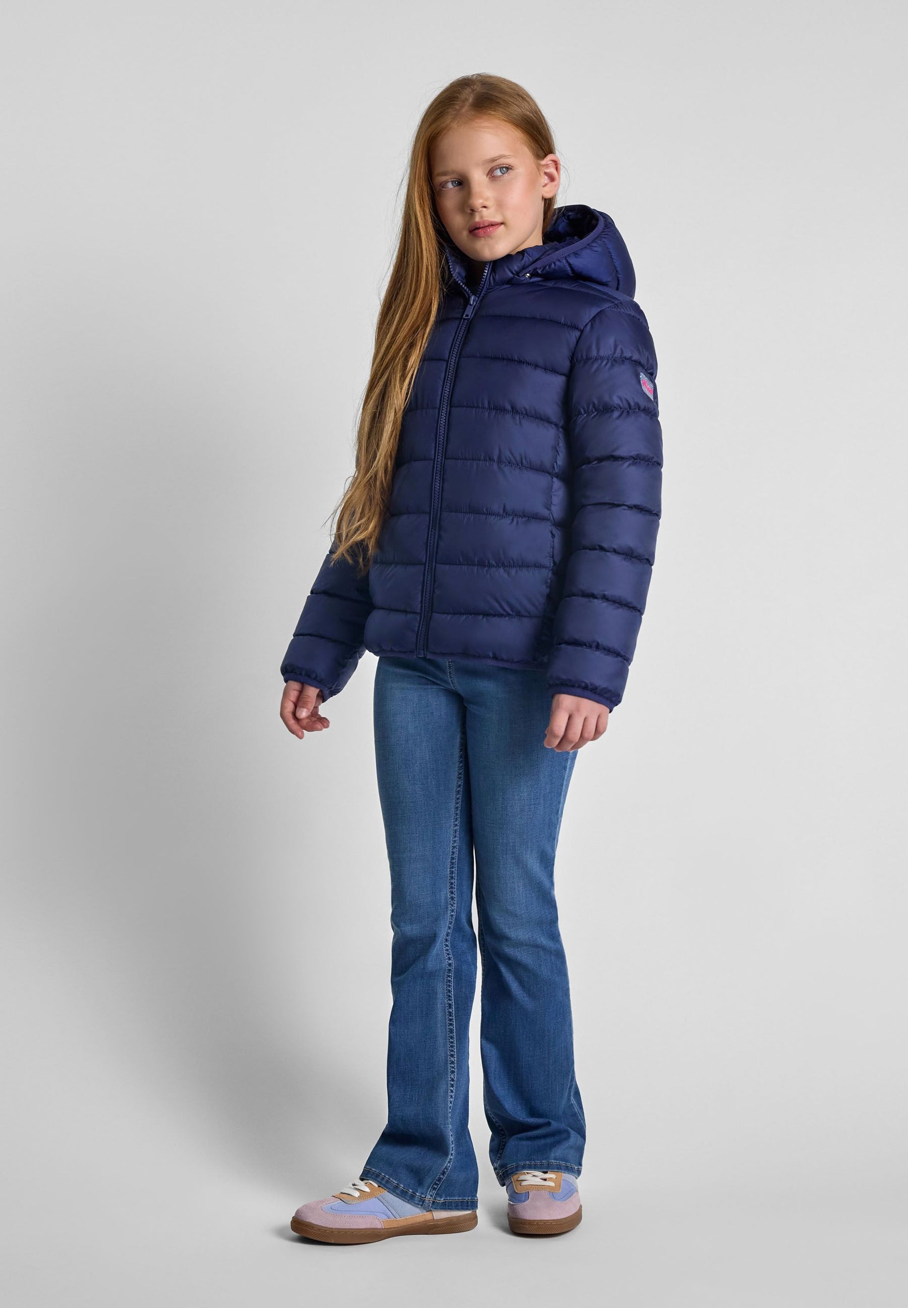 Quilted Puffer Jacket, Navy, Detachable Hood - 1