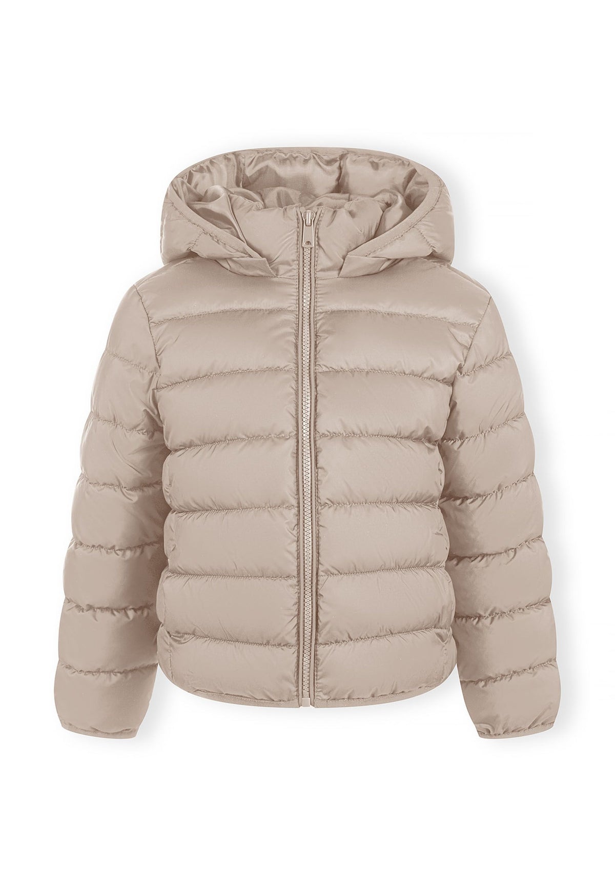Front view of a beige children's puffer jacket with a hood and horizontal quilting.