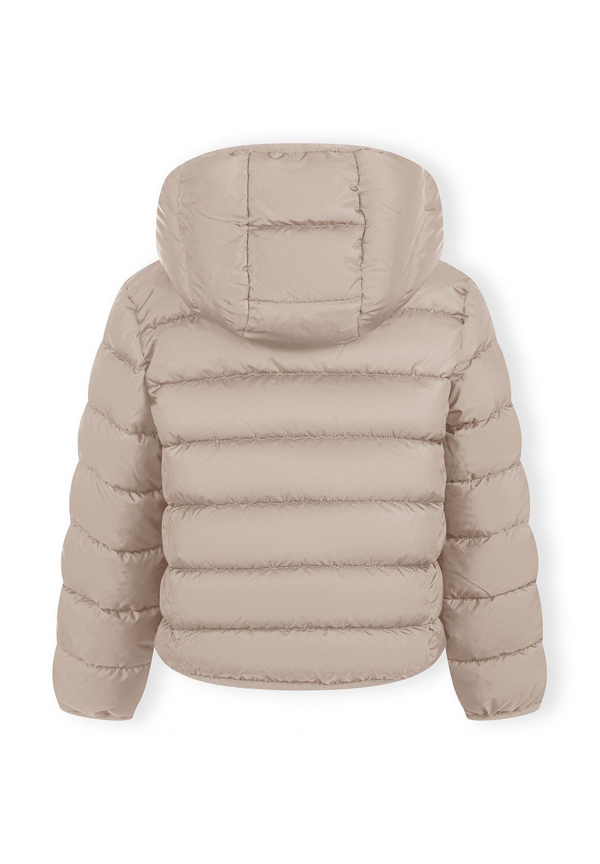 Back view of a beige children's puffer jacket with a padded hood.