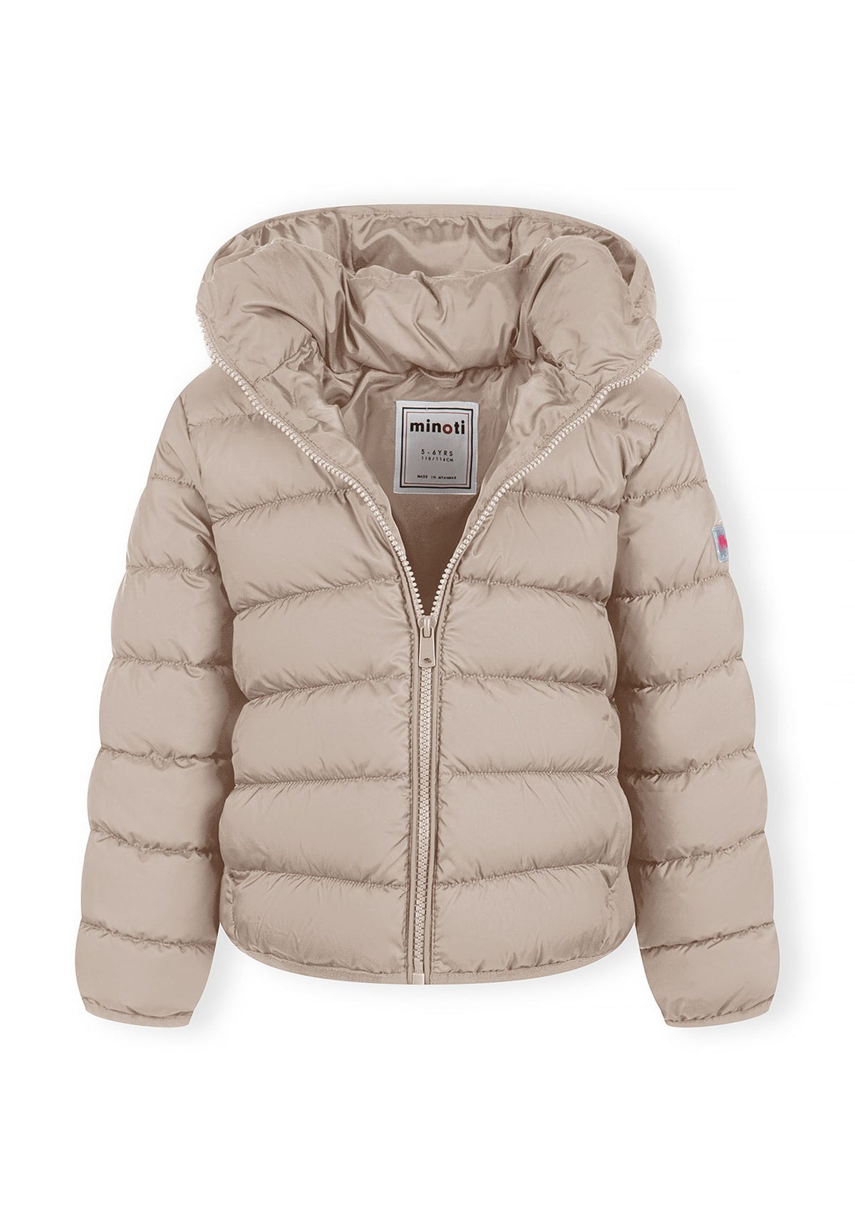 Beige children's puffer jacket partly unzipped, showing its shiny beige inner lining.