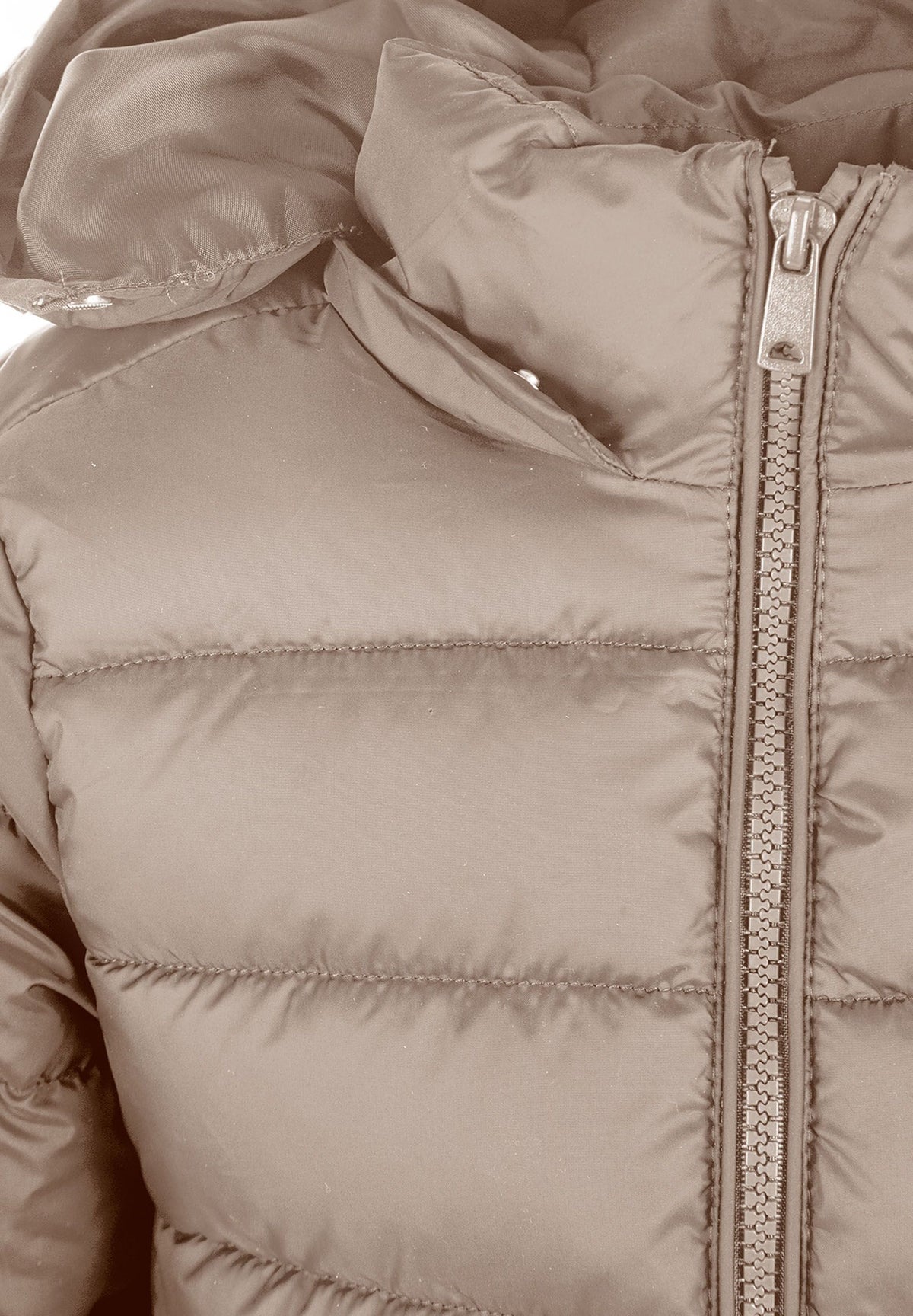 Close-up of the beige jacket's front zip and padded hood edge.