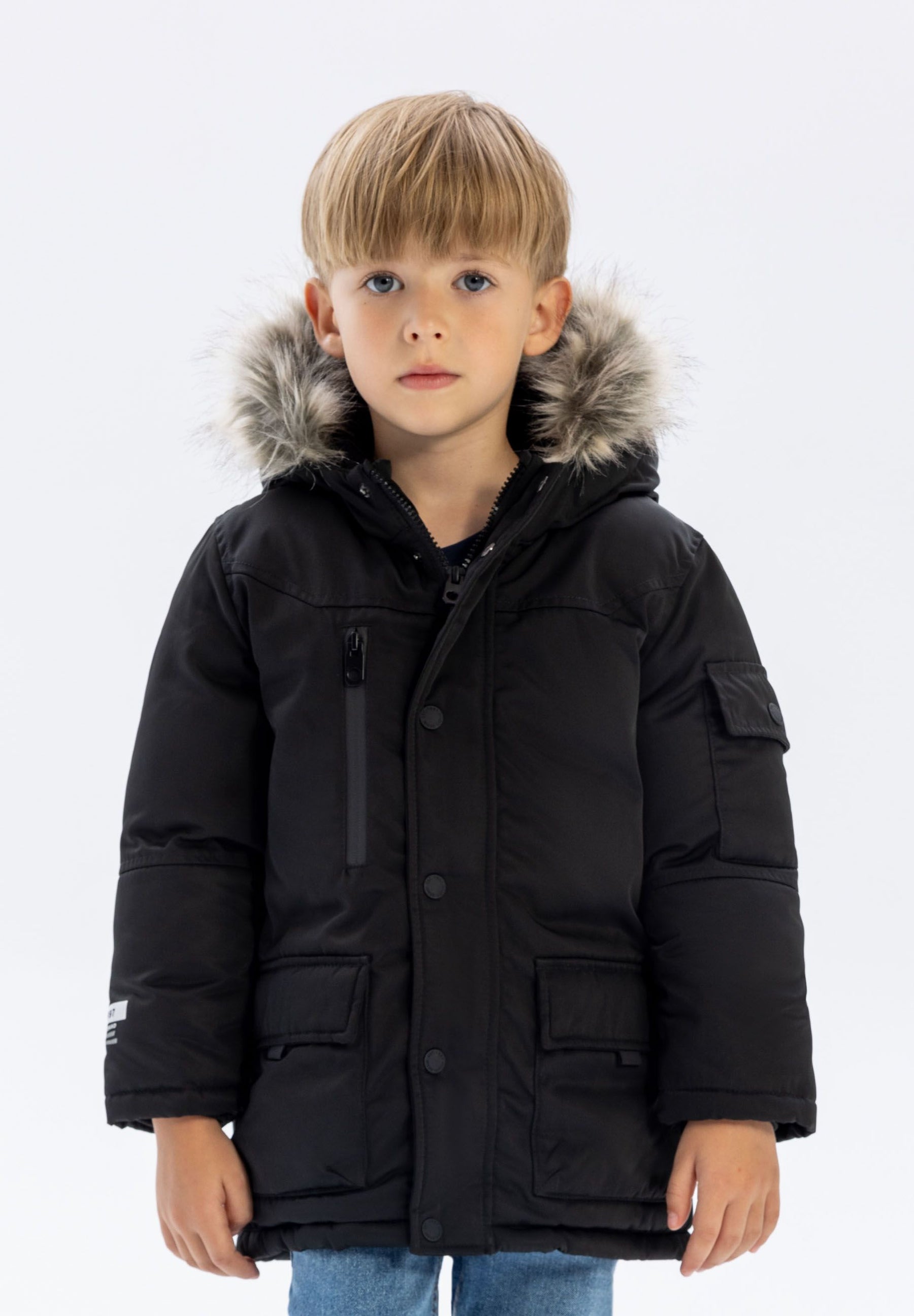 Long Parka, Faux Fur Hood, Black - 1