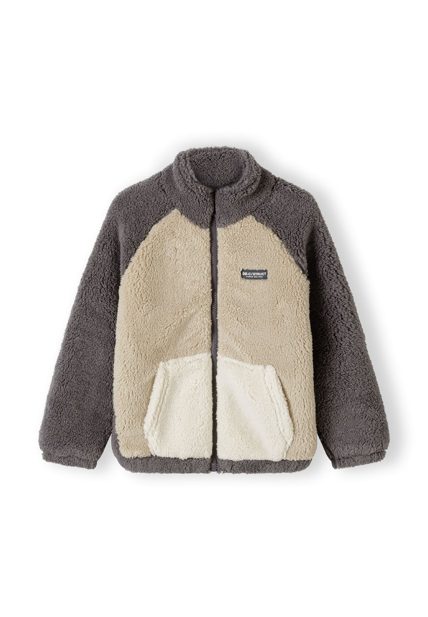 Boys sherpa fleece jacket in brown with cream kangaroo pocket, front view.