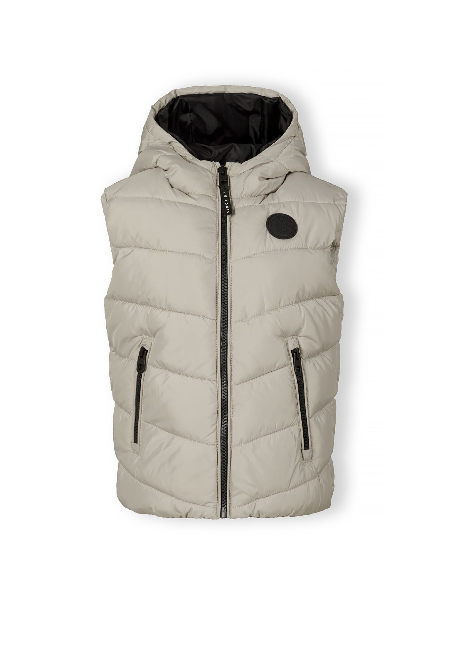 Boys grey gilet with fixed hood, full-length zip, and contrast zipped pockets.