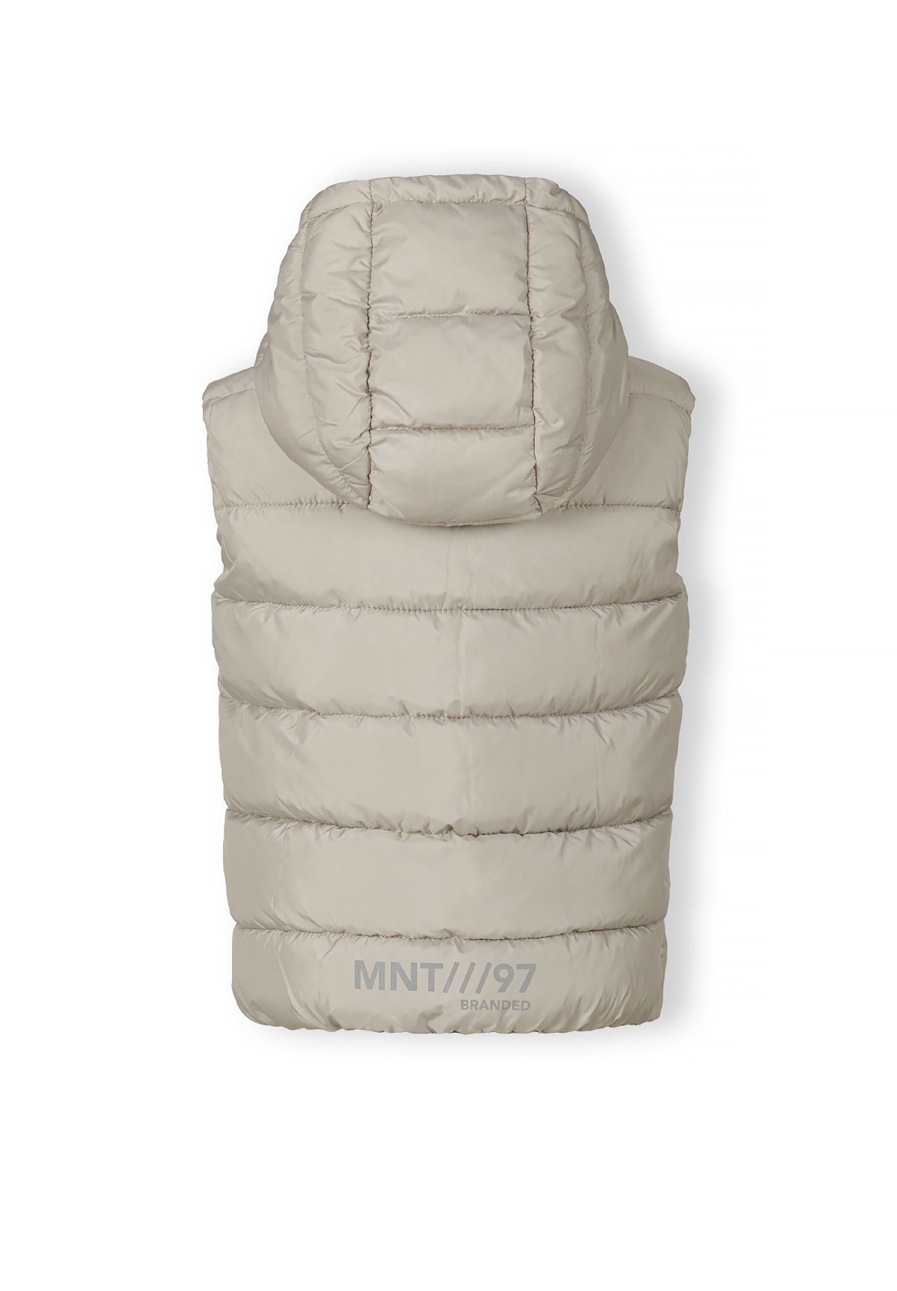 Boys grey gilet with fixed hood, back view, features padded design and logo print.
