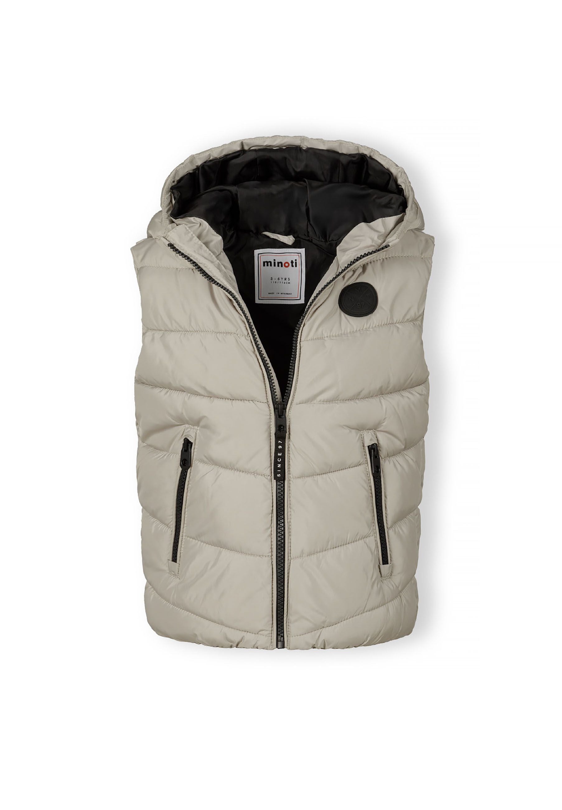 Boys grey gilet with fixed hood, full-length zip, and contrast zipped pockets.