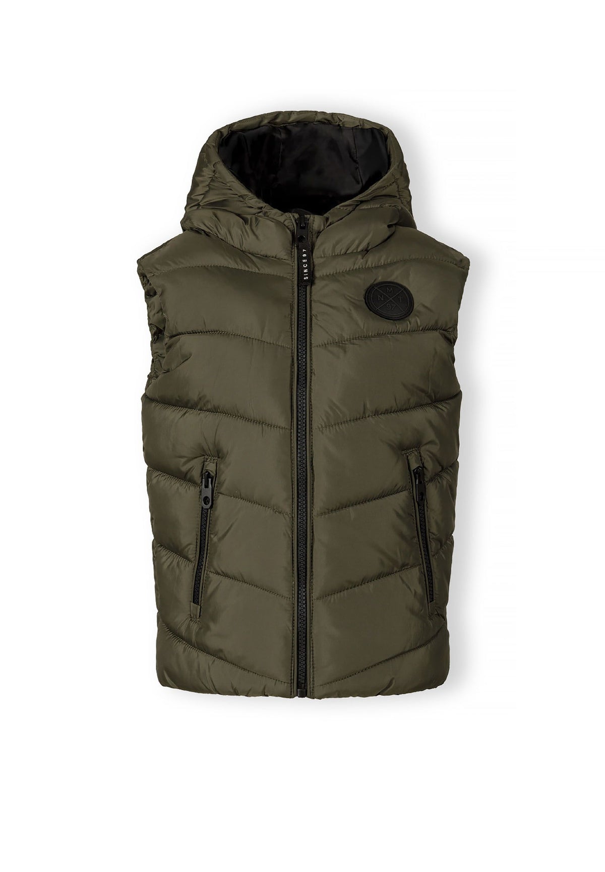 Olive green padded gilet, front.