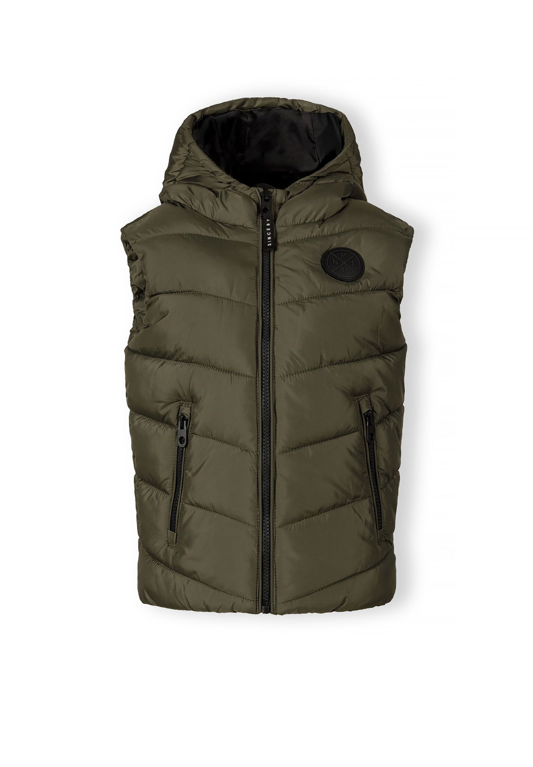 Boys gilet in khaki, front view with fixed hood, full-length zip, and chest badge.