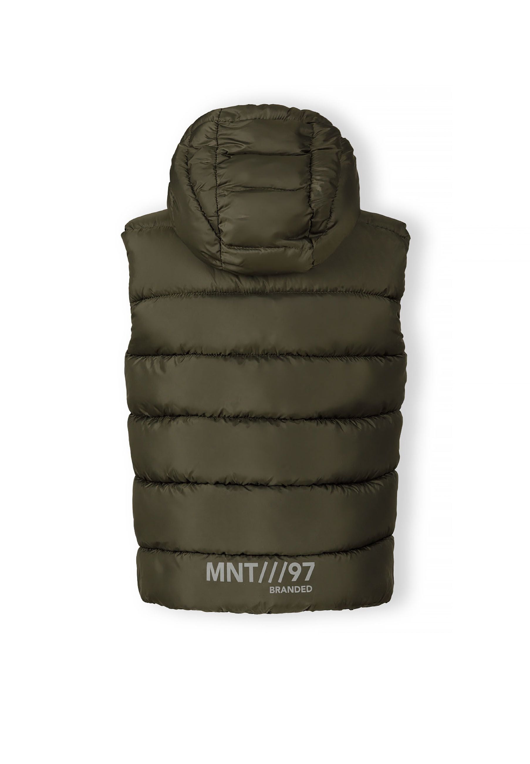 Boys khaki gilet with fixed hood and reflective print, back view.