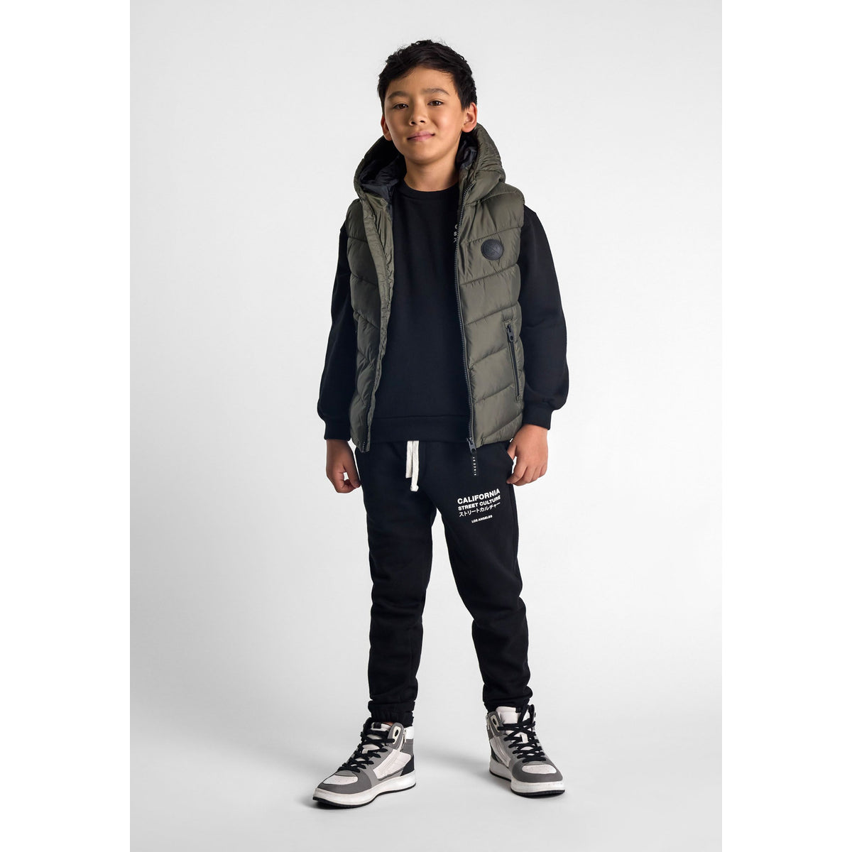 Boys' padded gilet in olive green — complete product view for square Shop card