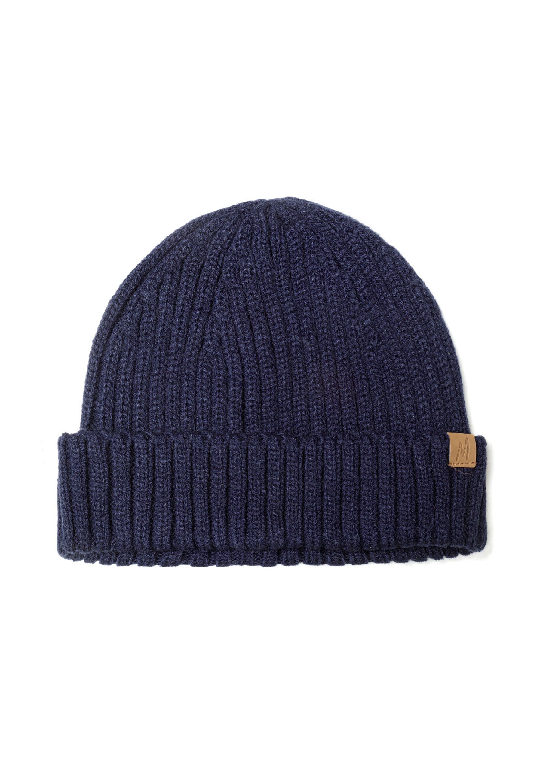 Navy ribbed beanie with fold-over brim and logo badge, front view.