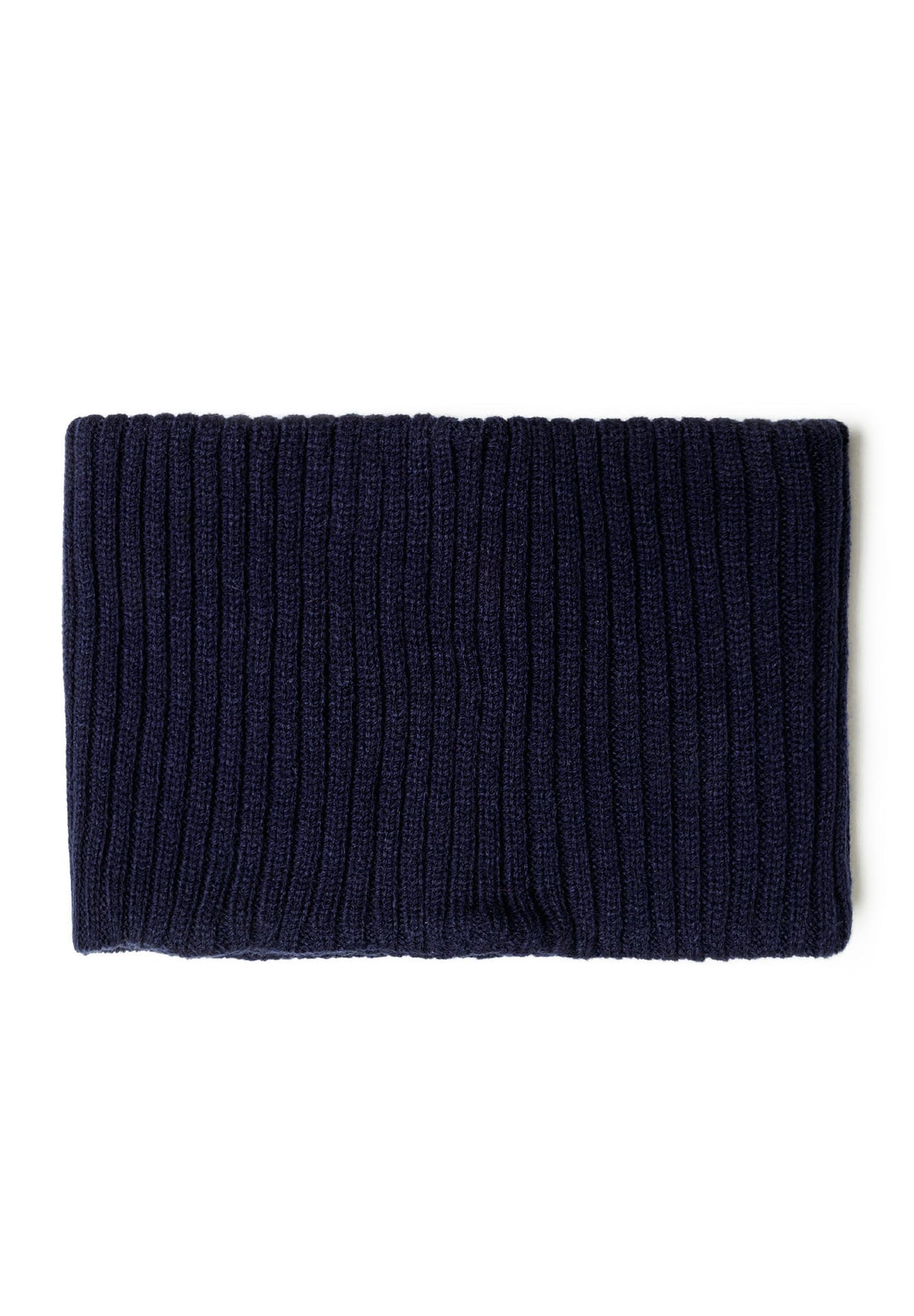 Navy hat and snood set, snood laid flat.
