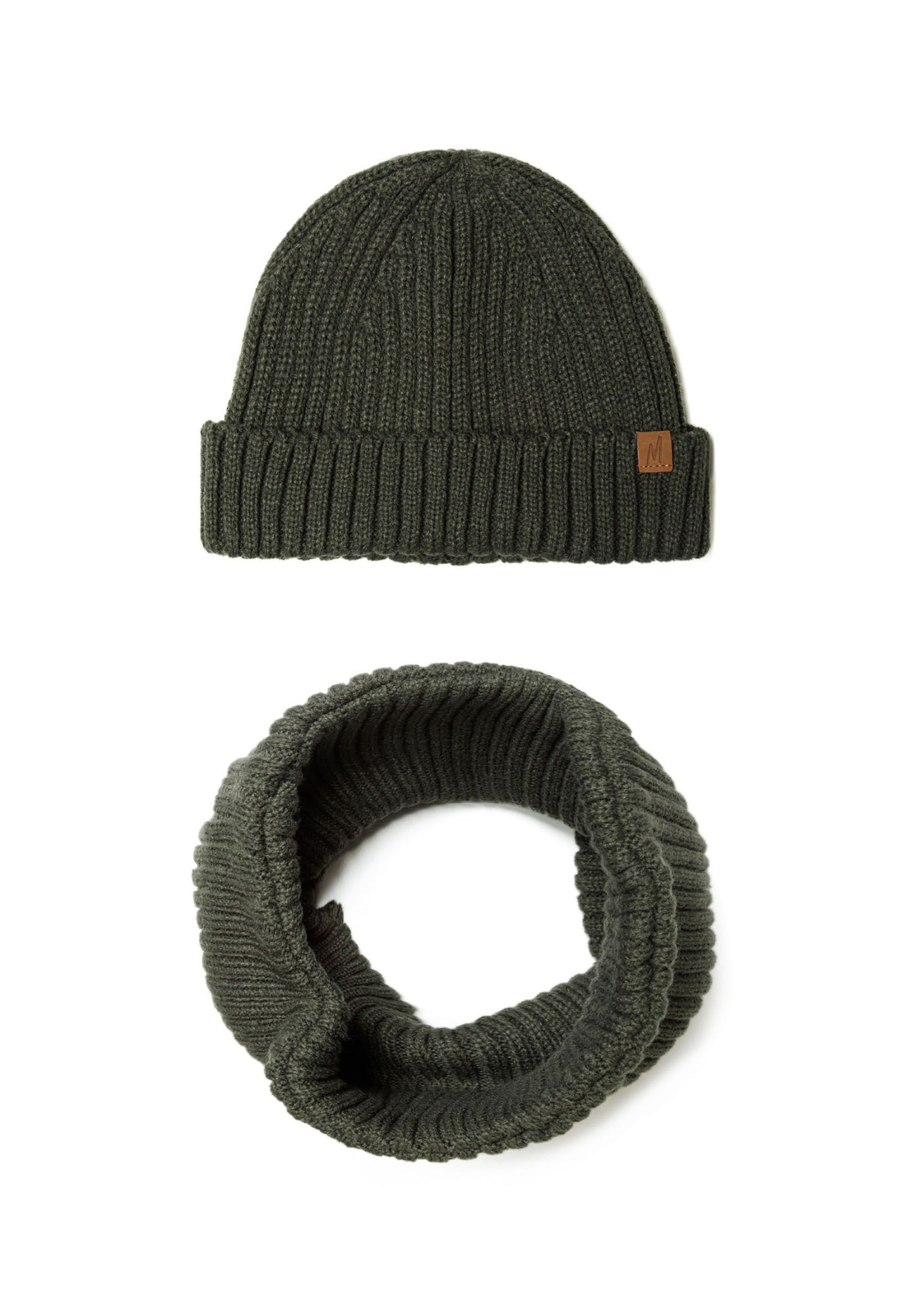 Boys knitted rib beanie and snood set in khaki, front view.