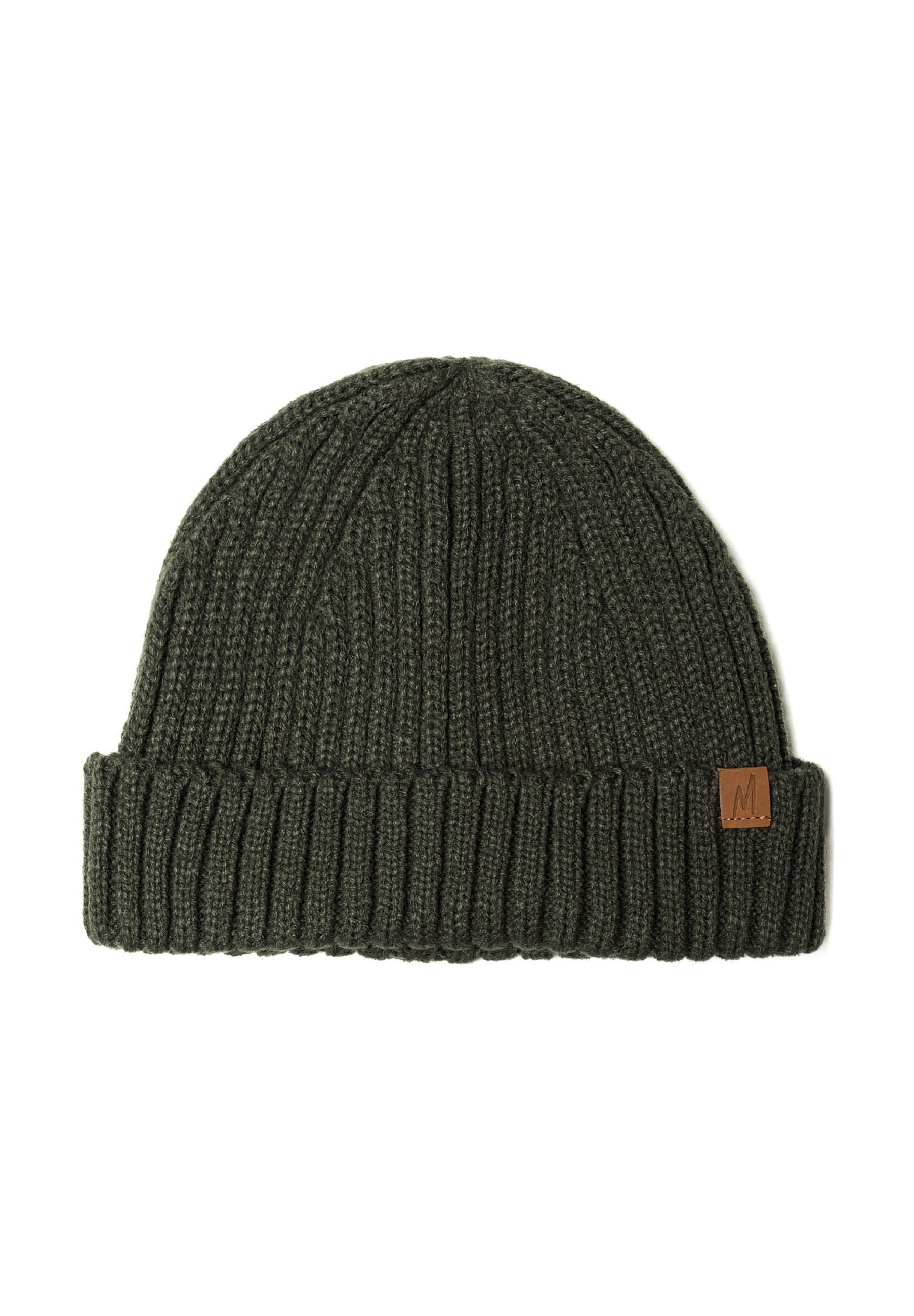Close-up of a khaki knitted rib beanie with a fold-over brim and logo badge.