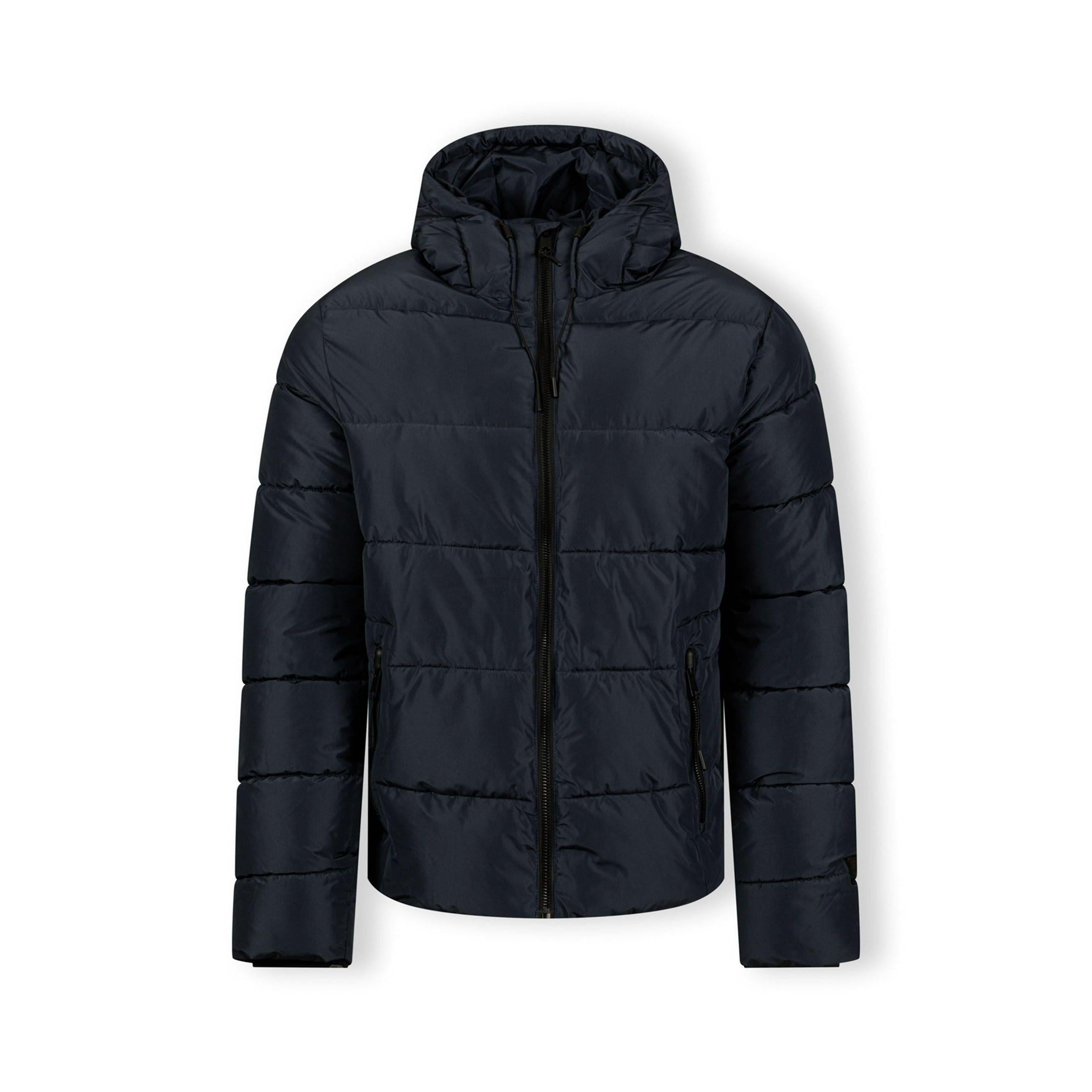 Men's navy puffer jacket with fleece lining, full zip, hood, and zippered pockets.