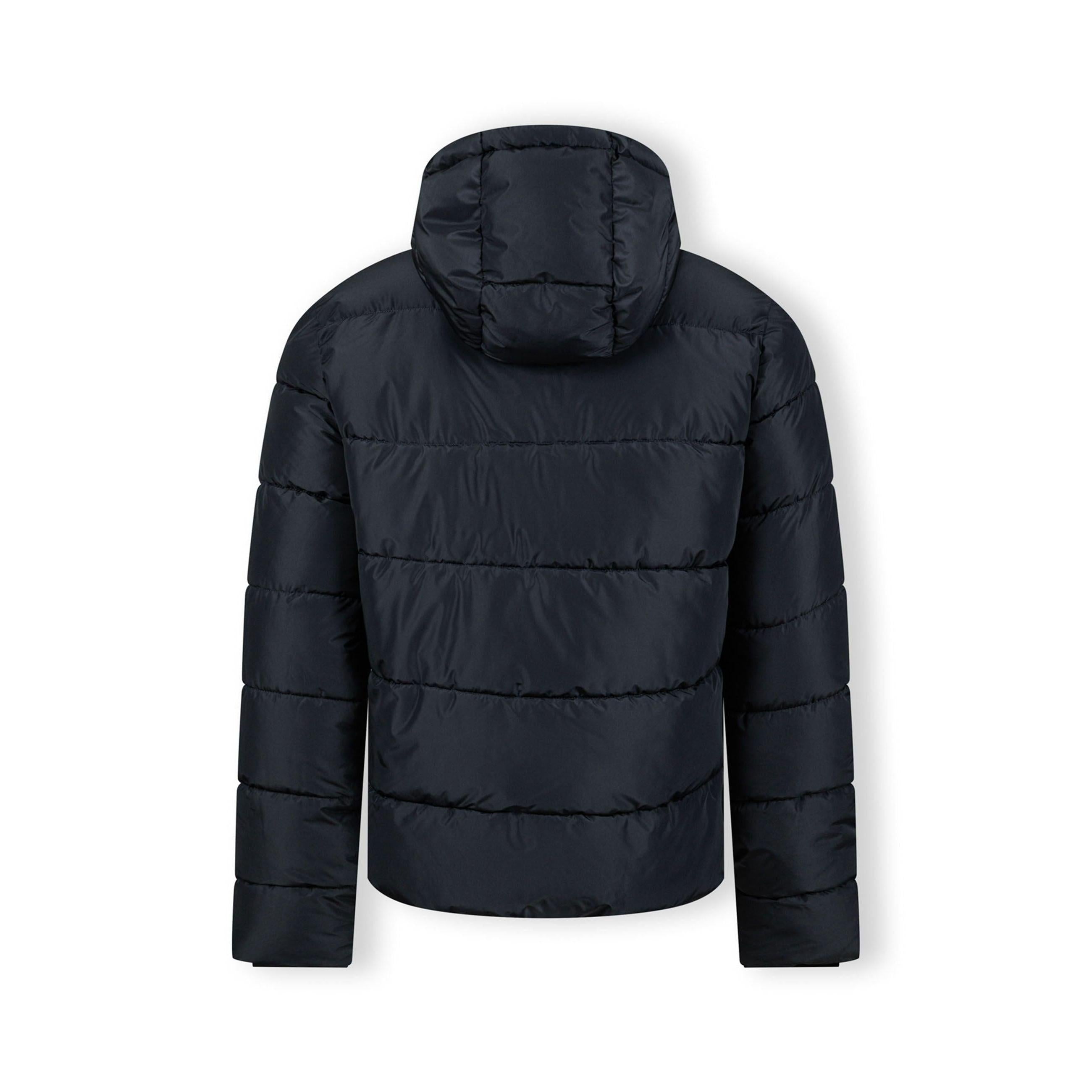 Back view of navy quilted jacket showing horizontal quilting pattern, hood, and overall silhouette on white background