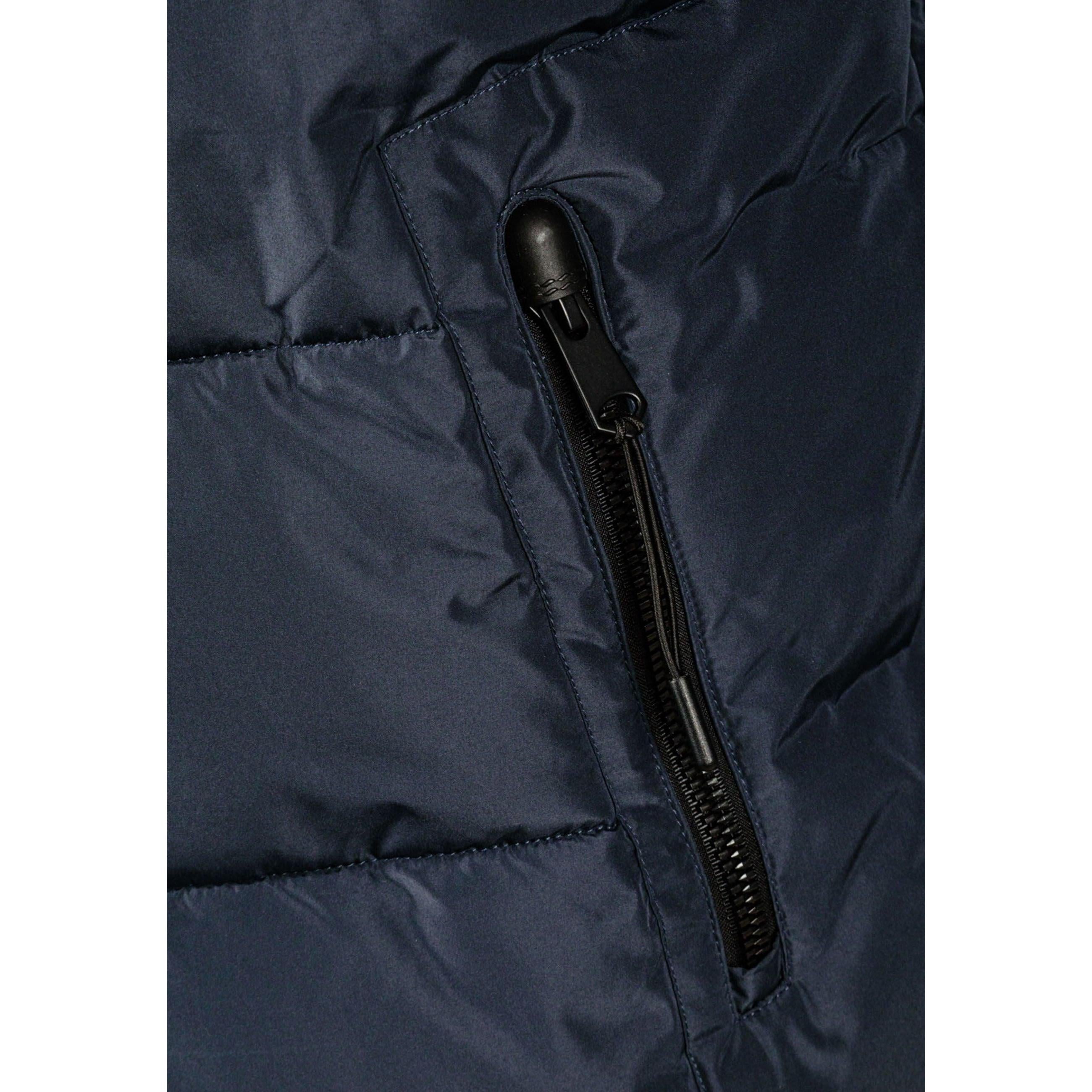 Close-up detail of navy jacket showing zip pocket with black zipper pull and quilted fabric texture