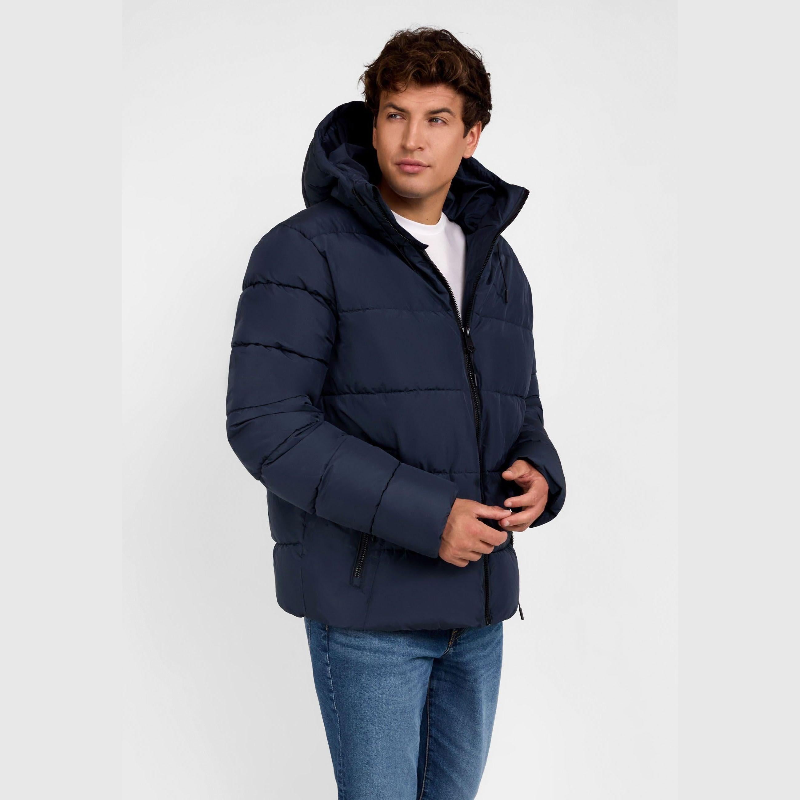 Men's navy puffer jacket with fleece lining, full zip, hood, and zippered pockets.