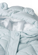 Close-up of a light blue padded baby jacket with teddy lining and 3D ears.