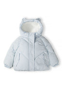 Light blue padded baby jacket with 3D ears, front view, featuring zig-zag quilting and two flap pockets.
