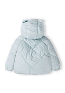 Back view of a light blue padded baby jacket with 3D ears and zig-zag quilting.