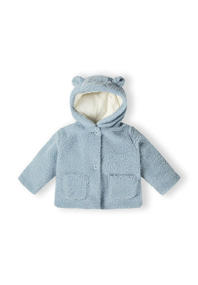 Boys teddy baby jacket in light blue, front view with hood and button closure, featuring two patch pockets.