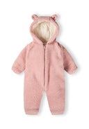 Light pink girls' sherpa snowsuit with 3D ears, front view, featuring a zip and elasticated cuffs.