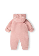 Back view of a light pink girls sherpa snowsuit with 3D ears and elasticated cuffs.
