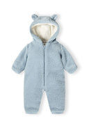 Boys snowsuit in light blue with 3D ear hood, front view, featuring a front zip and elasticated cuffs.