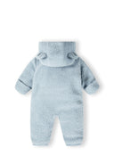 Boys light blue snowsuit with 3D ear hood, back view, featuring elasticated cuffs.