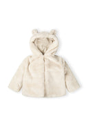 Baby jacket in cream with 3D bear ears, front view.