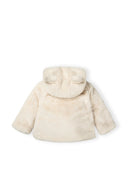 Baby jacket in cream with 3D bear ears, back view.
