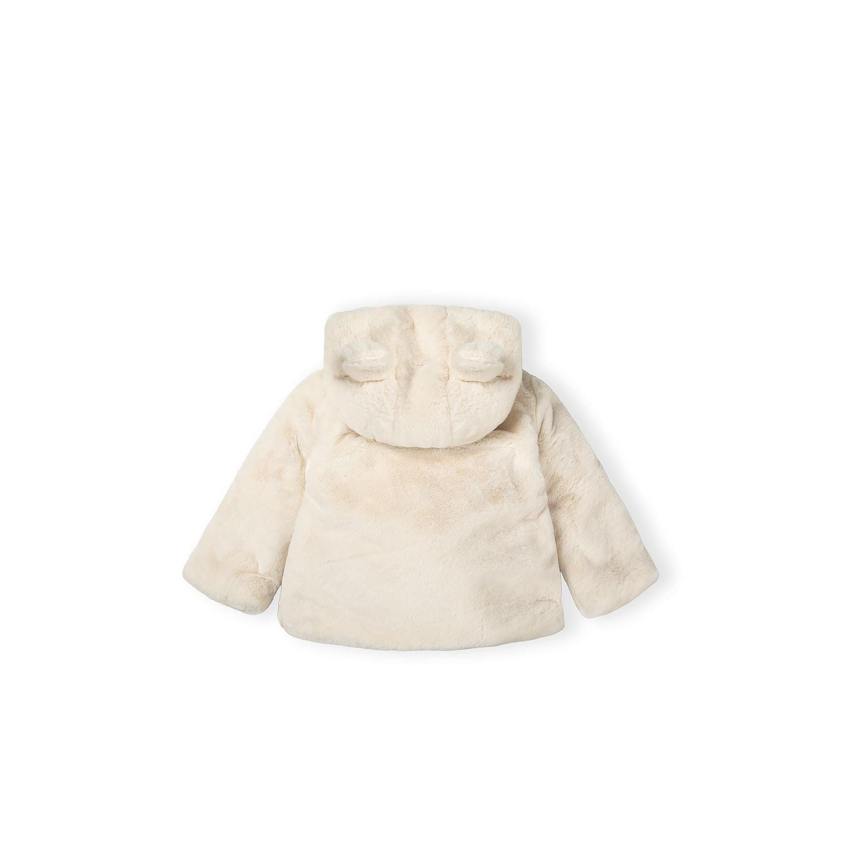 Back view of cream faux fur baby jacket showing hood with bear ears and overall silhouette against white background